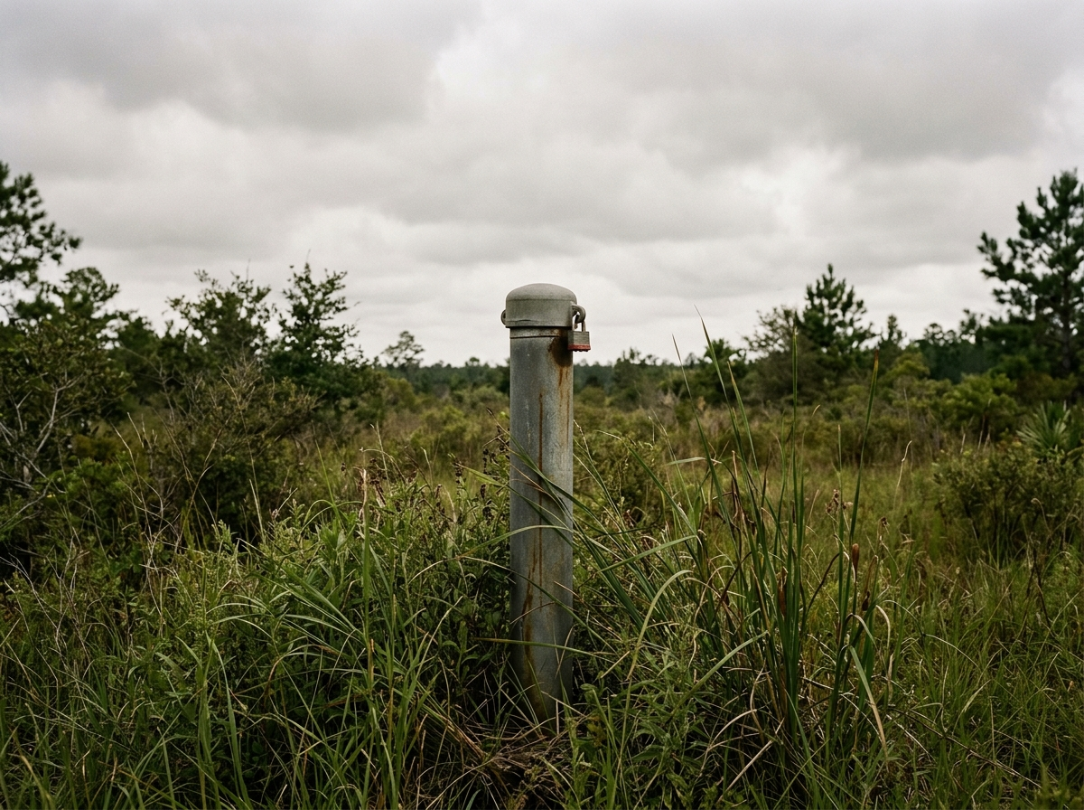 A weathered groundwater monitoring well casing standing in an overgrown green field on the Gulf Coast under overcast sky.