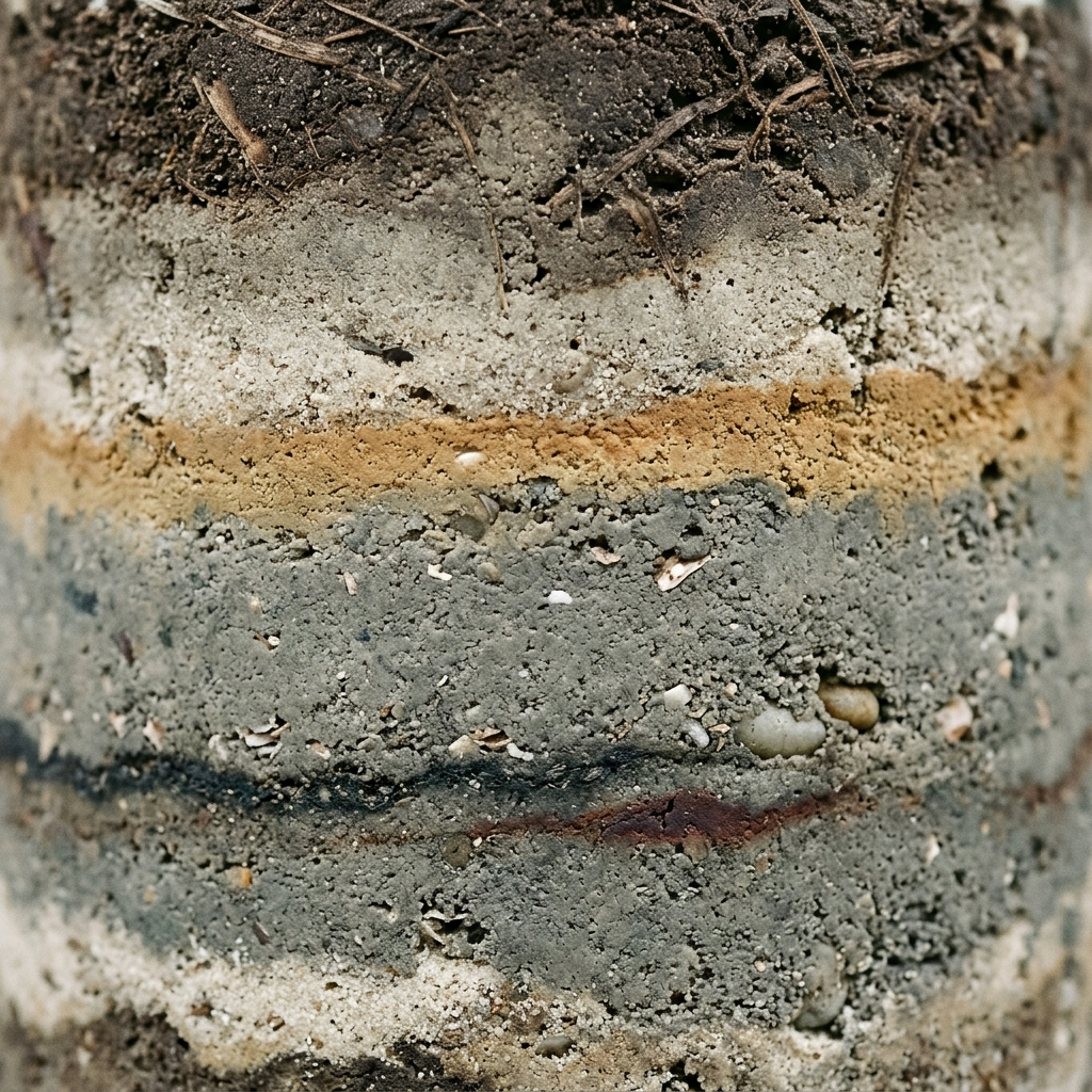 Close-up cross-section of a layered soil core sample showing coastal-plain earth strata.