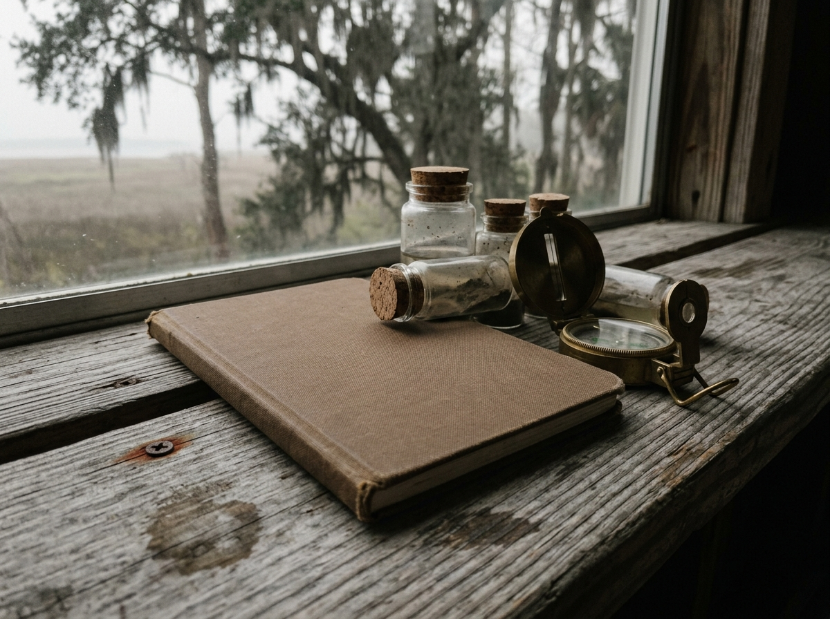 A closed field notebook, glass sample jars, and a brass compass resting on weathered wood by a window.