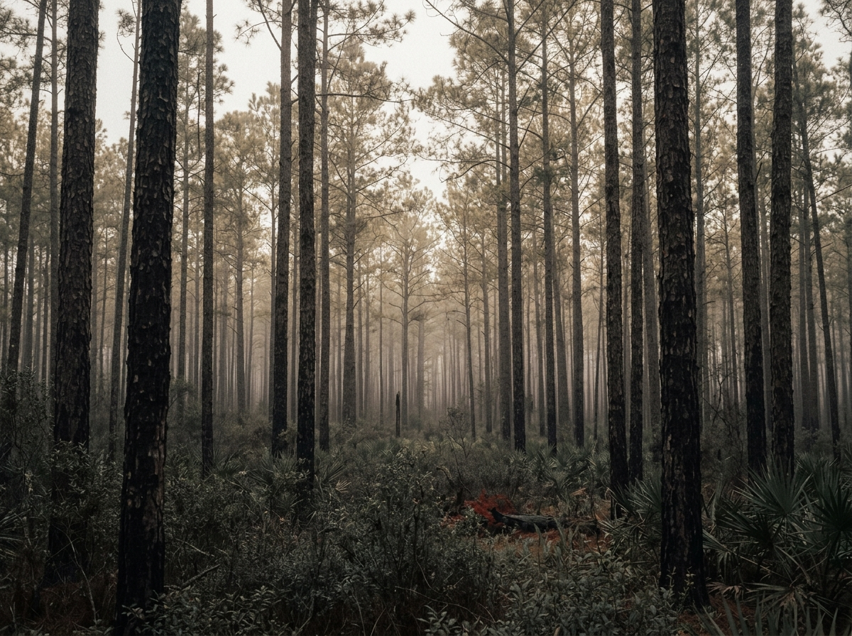 Tall pine flatwoods forest canopy under dappled overcast light.